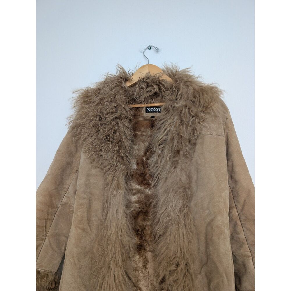 Vintage Real Leather Fur Trim Tan Penny Lane Longline Coat Jacket Sz S XOXO - Picture 11 of 16